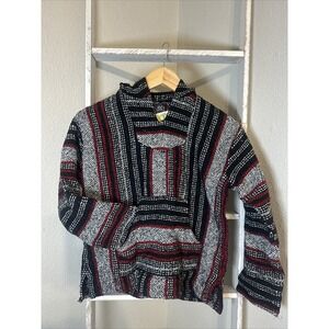 Iguana Jack Hoodie Kid's Large Red Gray Drug Rug Blanket Baja Pullover Sweater